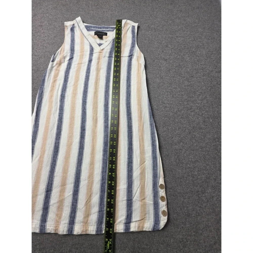 Tahari Shift Dress Womens XS Multi Striped Linen Blend Sleeveless Side Button